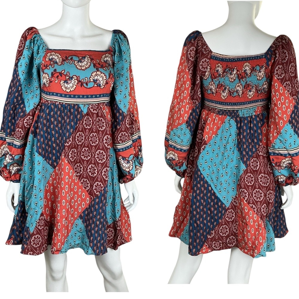 Merci Patchwork Square Neck Long Sleeve Mini Dres… - image 3